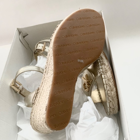Calvin Klein Karla Gold Leather Espadrille Platform Wedge Slingback Sandals 9.5 - Picture 11 of 13